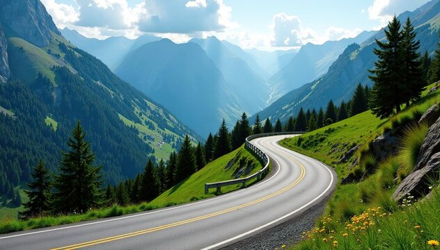 Windy mountain road twisting through alpine trees, highway, landscape, roads