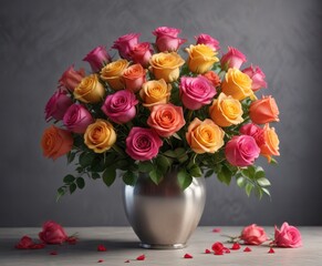 Fototapeta premium Vibrant bouquet of roses arranged in a elegant vase, floral centerpiece, garden decoration