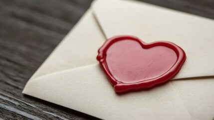 A red wax seal heart on an off-white envelope, captured with soft, delicate lighting.