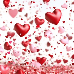 Valentine's confetti background filled with red and pink hearts on a clean white surface.