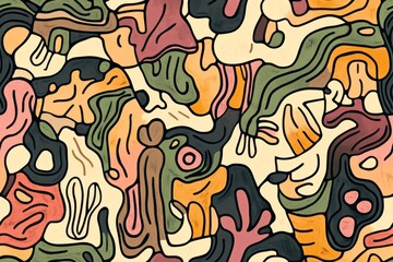 An abstract, hand-drawn design of botanical shapes vines leaves, and petals in earthy brown, mustard