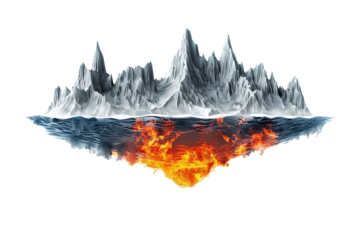 Conceptual mountain floating above fire and water, imaginative visual representation on a transparent background high resolution PNG file