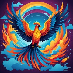 Fototapeta premium Depicting a phoenix with a fiery crest and sweeping wings, this image portrays the mythical bird surrounded by swirling, colorful clouds in a mystical atmosphere.