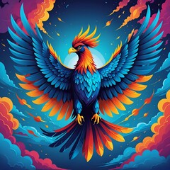 Fototapeta premium This illustration captures a phoenix soaring through the sky, its feathers ablaze with brilliant hues of orange, red, and blue, embodying the essence of transformation. 