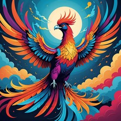 Obraz premium A phoenix rises majestically, its multicolored plumage set against a backdrop of vibrant clouds, illustrating the timeless legend of this legendary creature.