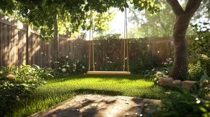 Obraz premium Serene Garden Swing Under Lush Tree Canopy