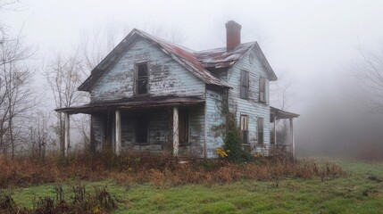 Abandoned Farmhouse In Foggy Autumn Landscape