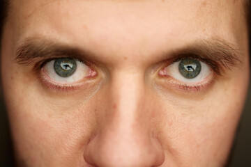 Intense gaze with gray eyes. Male face with focused expression. Close up of human eyes looking...
