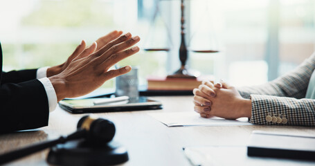 Meeting, office and hands of client and lawyer for legal consultation, contract and discussion....