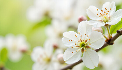 Obraz premium White cherry blossoms on a tree branch with a green background