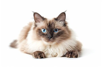 Fluffy Siamese cat isolated on white