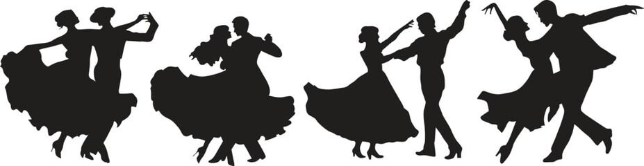 Ballroom Party Dance Couple Silhouettes, Silhouettes of the pairs dancing ballroom dances. couple man woman ballroom dancers tangoing silhouette. Young couples silhouette dancing