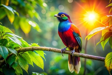 Obraz premium Cendrawasih Bird Photography: Majestic Paradise Bird on Branch, Wide Angle View