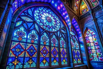Obraz premium Blue Stained Glass Window Background, Gothic Cathedral, Medieval Architecture 