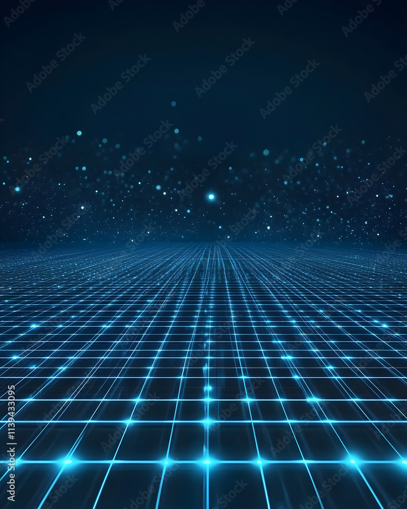 Poster a blue and white background with a grid of lights. the lights are scattered throughout the backgroun