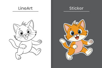 Obraz premium A cute kitten outline and sticker cartoon vector. Cute baby cat flat illustration