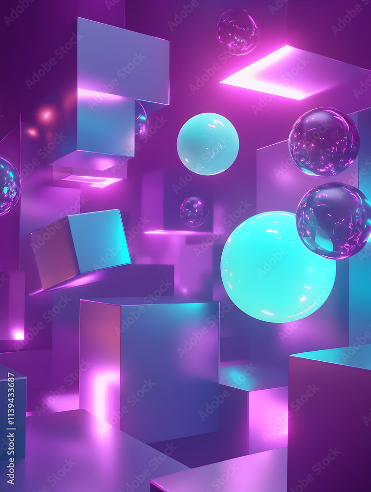 Wall mural a colorful, abstract image of cubes and spheres in a purple background. the cubes are in various siz