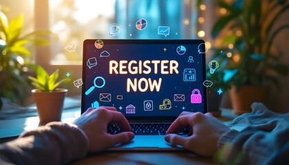 Digital Registration Process, Register Now Concept on Laptop Screen