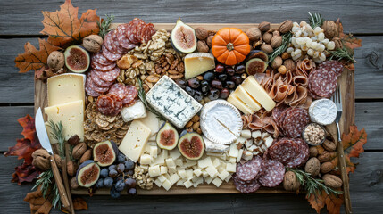 Festive Thanksgiving Charcuterie Board with Cheese, Nuts, and Seasonal Decor