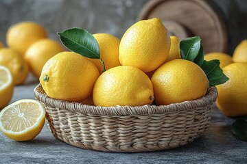 A basket of lemons with green leaves on top