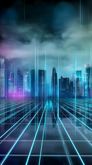 A cityscape with a blue sky and a city skyline. The sky is filled with clouds and the city is lit up with neon lights. Scene is futuristic and vibrant