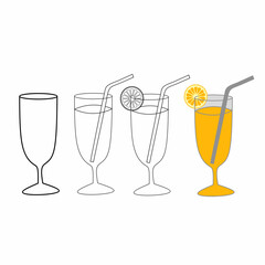 Illustration of cocktail glasses with straws and orange slices, featuring one colored glass with juice. Perfect for beverage, summer, bar, and drink-themed designs.