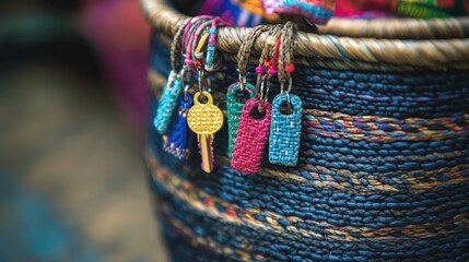 Obraz premium Handcrafted blue woven basket features colorful identity tags and a decorative gold key charm for a traditional market retail display.
