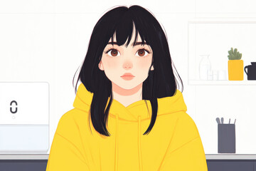 A girl with long black hair is wearing a yellow hoodie and looking at the camera