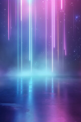 A colorful, neon light display with a blue sky background. The sky is filled with stars and the lights are streaking across the sky. Scene is energetic and vibrant