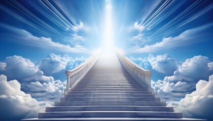 Stairway to heaven amid clouds, with radiant sunlight breaking through