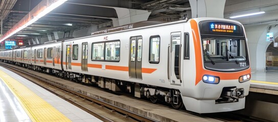 Fototapeta premium Modern subway train with orange accent parked in a station.