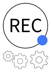 REC inside large circle with blue dot, three black gears below. Ideal for technology, recording, multimedia, video production, software, automation UI design. Line metaphor