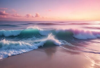 Fototapeta premium Waves gently lapping at the shore in a soft gradient of blue and pink with ocean foam, ocean foam, soft water