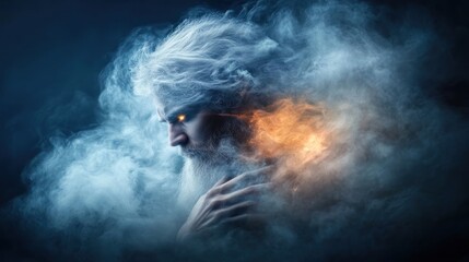 A mystical figure with a fiery eye emerges from swirling smoke, embodying power and wisdom.