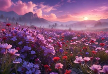 Obraz premium Vibrant flowers blooming in a field of swirling purple mist with pink and red hues , lavender, magenta, floral explosion