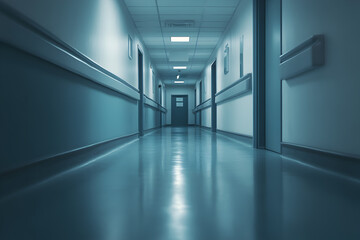 A long hallway with a blue wall and a white door. The hallway is empty and the light is on