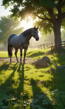 Un caballo gris en un prado con una colina verde y un sol bajo, prado, bajo