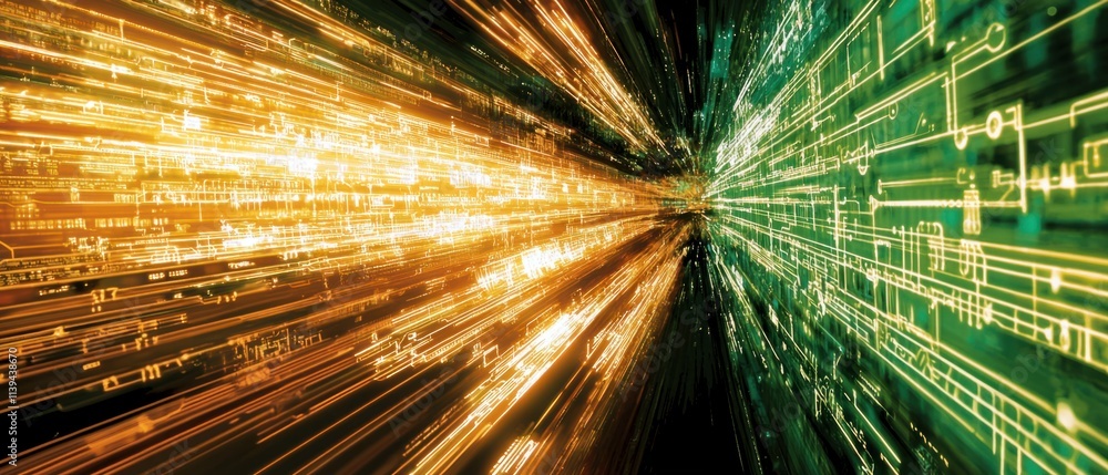 Poster dynamic light trails and digital patterns urban environment abstract art technology concept futurist
