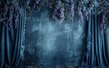 Midnight blue studio backdrop with a matte finish, midnight blue velvet curtains adorned with lavender blooms and trailing vines subtly hanging from the curtain edges. Copy space