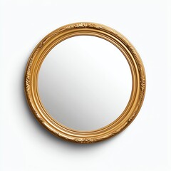 A round, ornate golden mirror reflecting a subtle light, offering a classic and elegant touch to any space.