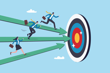 Competition or race to reach business goal or target, effort or challenge to achievement, motivation, progress or performance win business competition concept, business people run on arrow to target.