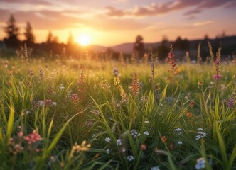 Naklejka premium Soft focus blurred grass and wildflowers against a warm sunset sky , flower, background