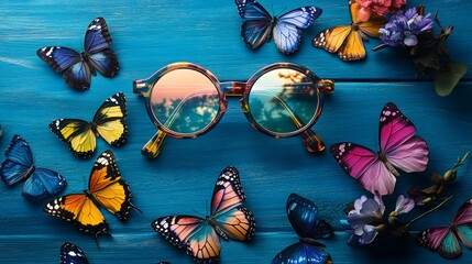 Sunglasses and Butterflies Arranged on a Blue Wooden Background