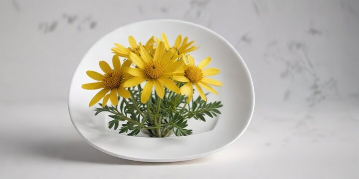 Single yellow Euryops pectinatus flower on a white plate, flowers, yellow
