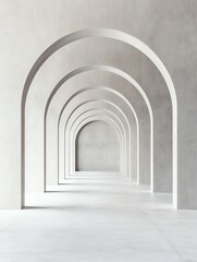 A minimalistic interior featuring a series of arched openings, creating a sense of depth and perspective in a neutral-toned space.