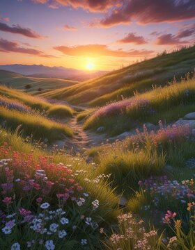 Serene sunset over a rolling hill filled with blooming wildflowers and tall grasses, meadow, gradient, clouds