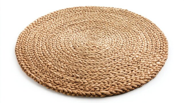 A circular animation showing a natural braided round beige jute carpet rotating on a clean white background, emphasizing its texture.