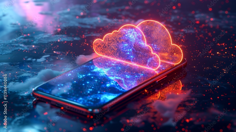 Poster mobile cloud computing idea showing a smartphone with a digital cloud neon icon emerging from the sc