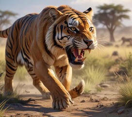 Obraz premium Saber toothed tiger chases down its prey in the savannah, saber tooth, wildlife action, tiger