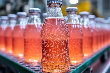 A row of bottles of a beverage with a clear bottle in the middle